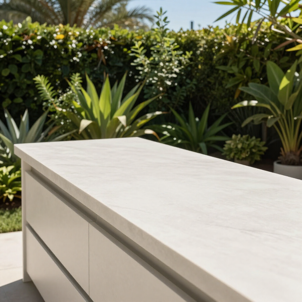 Modern outdoor patio cabinet with light wood finish in a lush garden setting