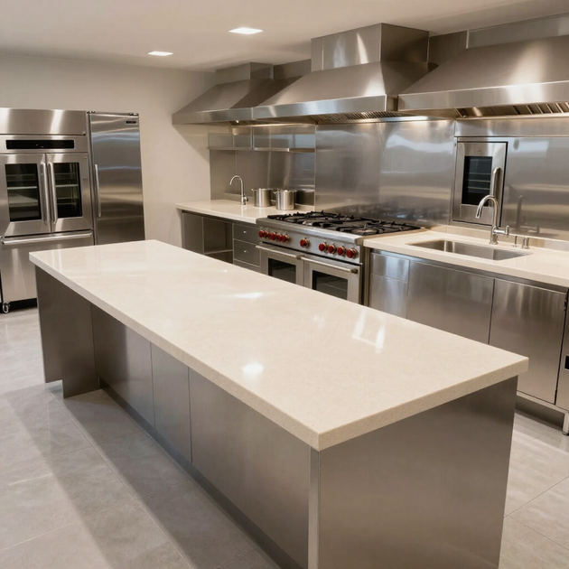 Modern stainless steel commercial kitchen with a large white island counter