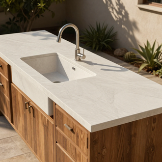 Outdoor kitchen island with white stone countertop, built-in sink, and chrome faucet against a sunny patio backdrop