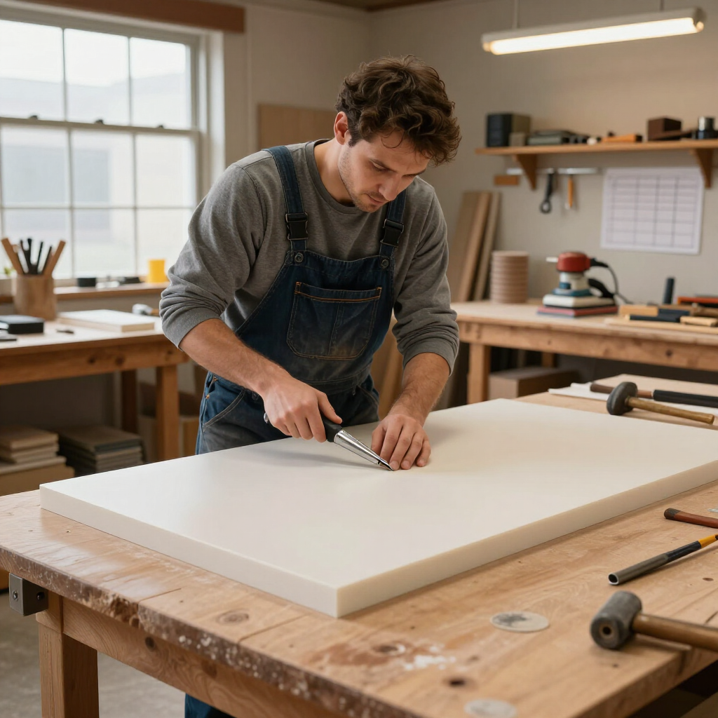 Person using a utility knife on a white foam board in a woodworking workshop