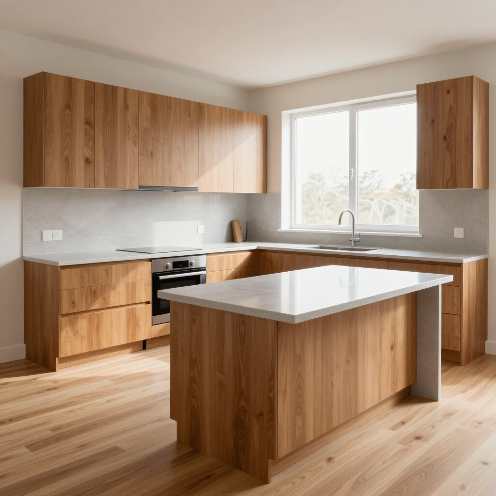 Modern kitchen with wood cabinets, white countertops, and a central island by a window
