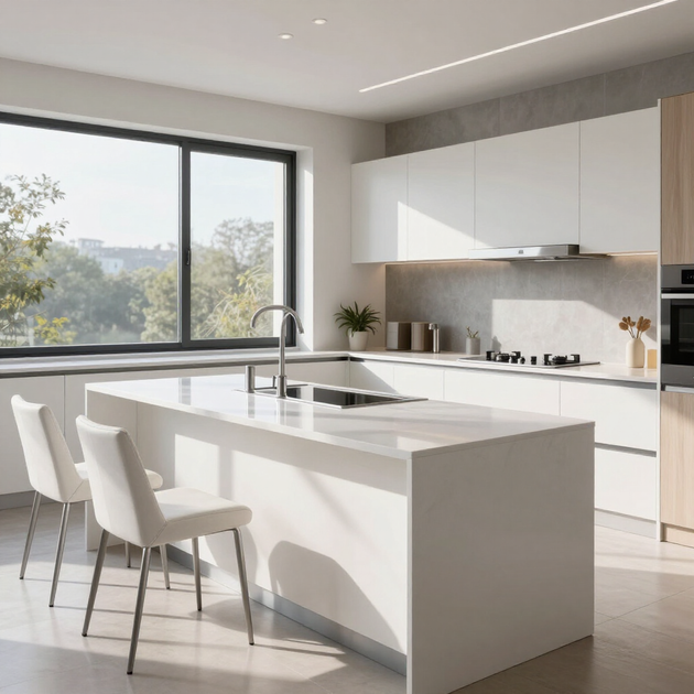 Modern white kitchen with island, large window, and minimalist cabinets