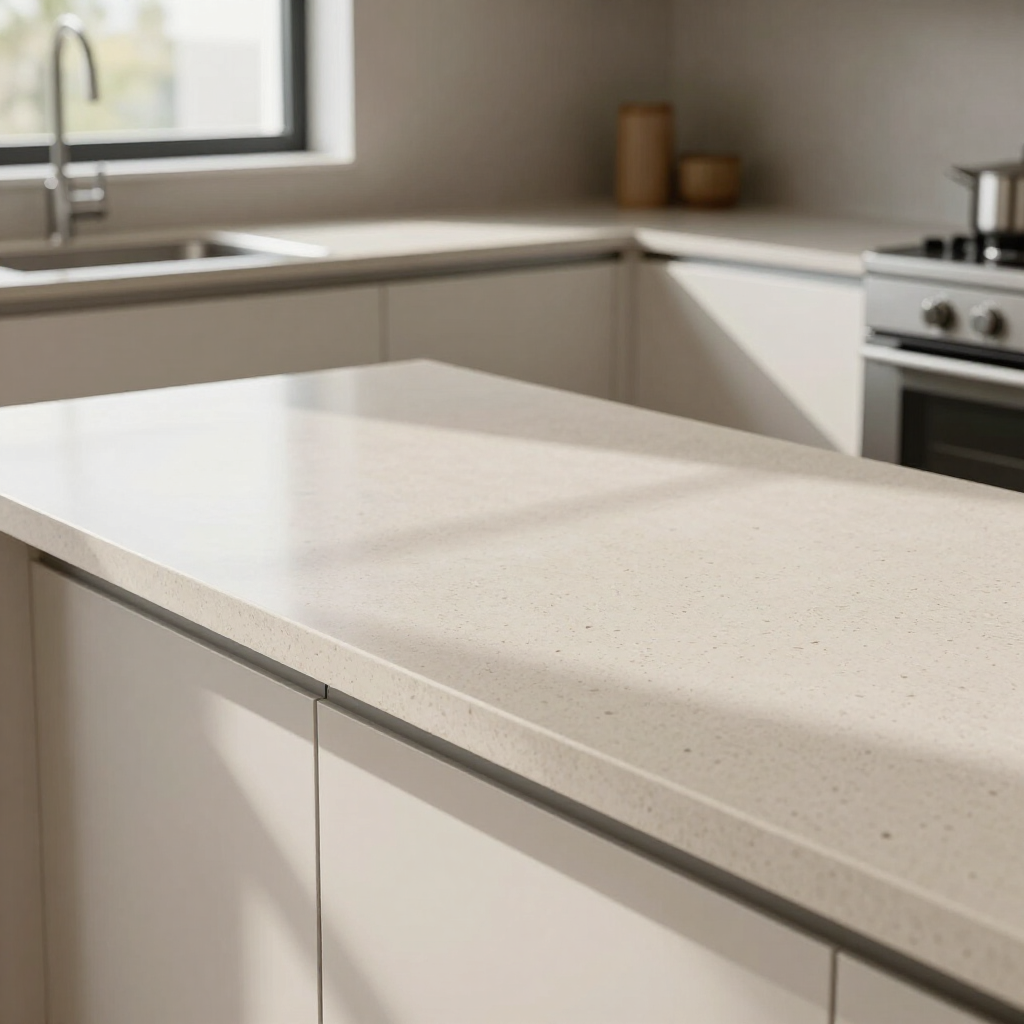 Modern kitchen with a light stone island countertop, white cabinets, sink, and stove near a window