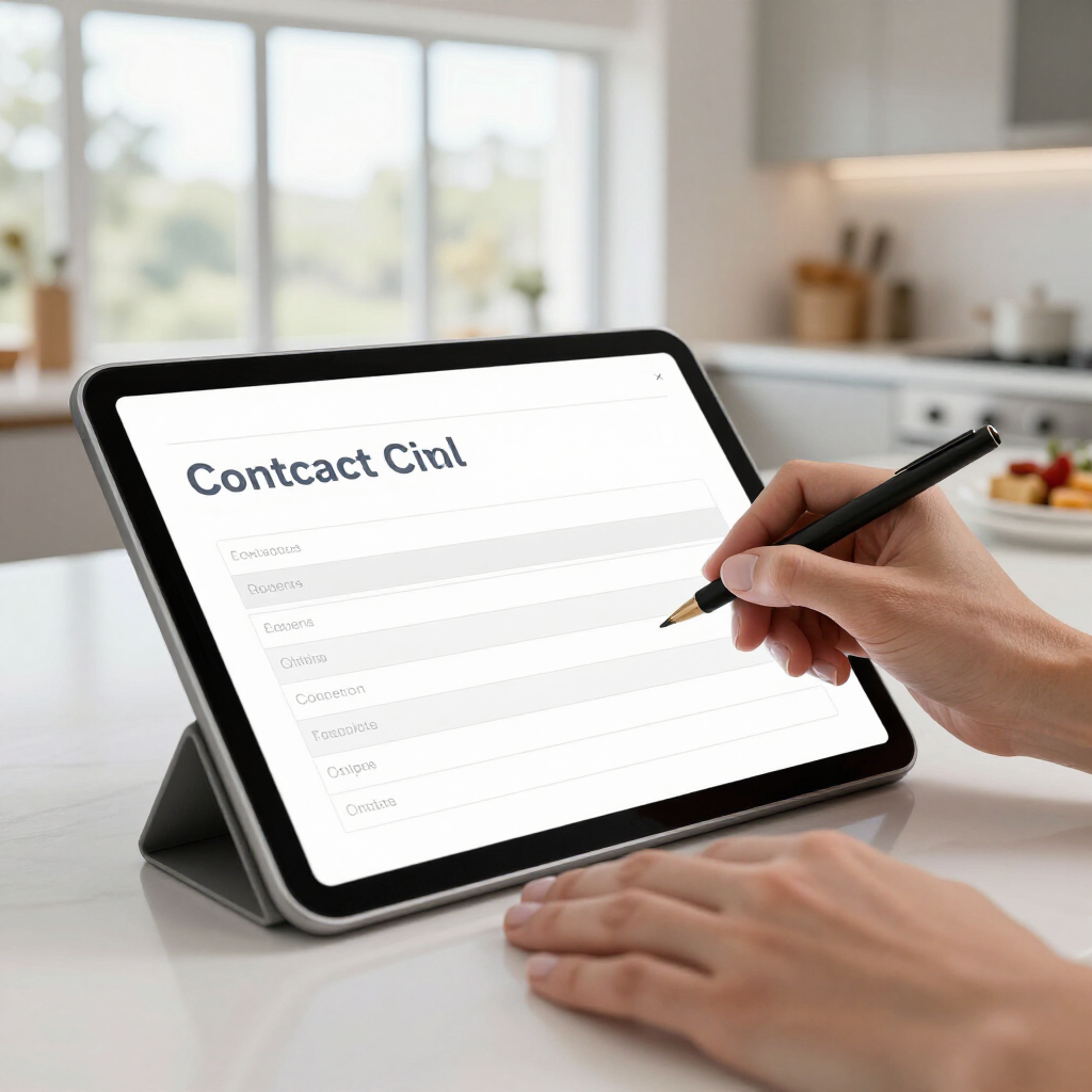 Hand filling out a contact form on a tablet on a kitchen table