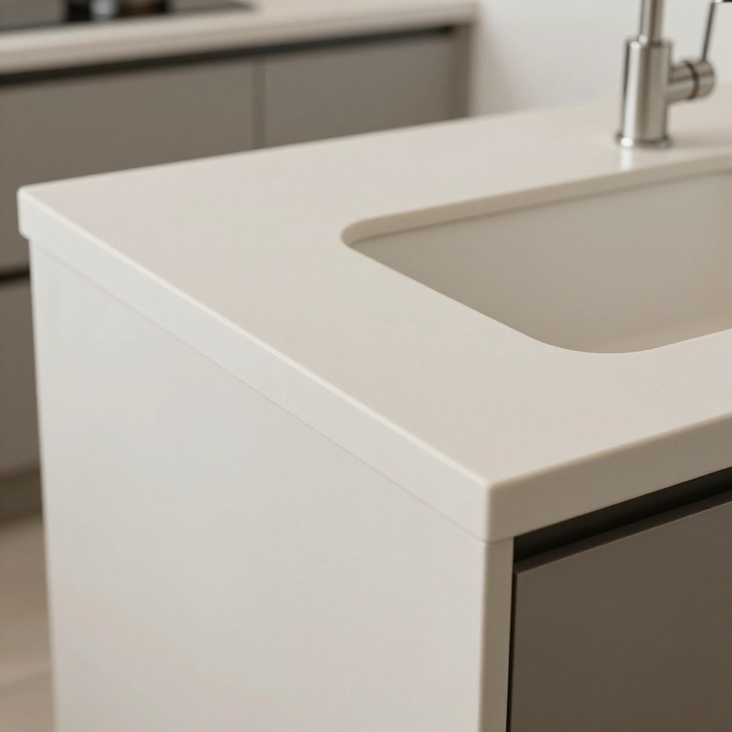White kitchen countertop with built-in sink and chrome faucet