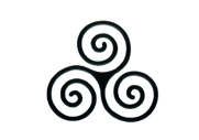 Black triple spiral symbol on a white background