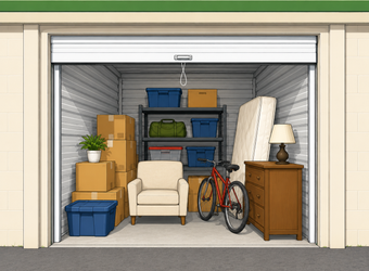 Open storage unit with shelves, boxes, chair, bike, lamp, and dresser inside.