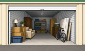 Open garage filled with stacked boxes, furniture, a bicycle, and stored household items.