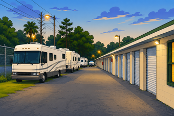 Row of white RVs beside storage units at dusk, with lit streetlamps and palm trees.