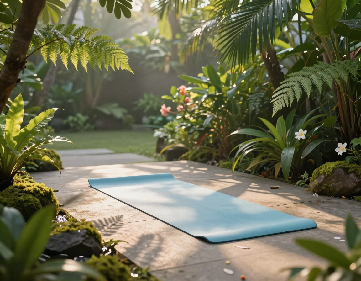 Blue yoga mat on a sunlit patio surrounded by lush tropical plants