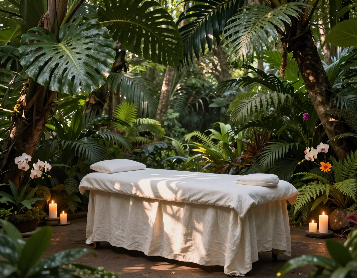Spa massage table in a lush tropical garden, lit by candles and surrounded by ferns and flowers