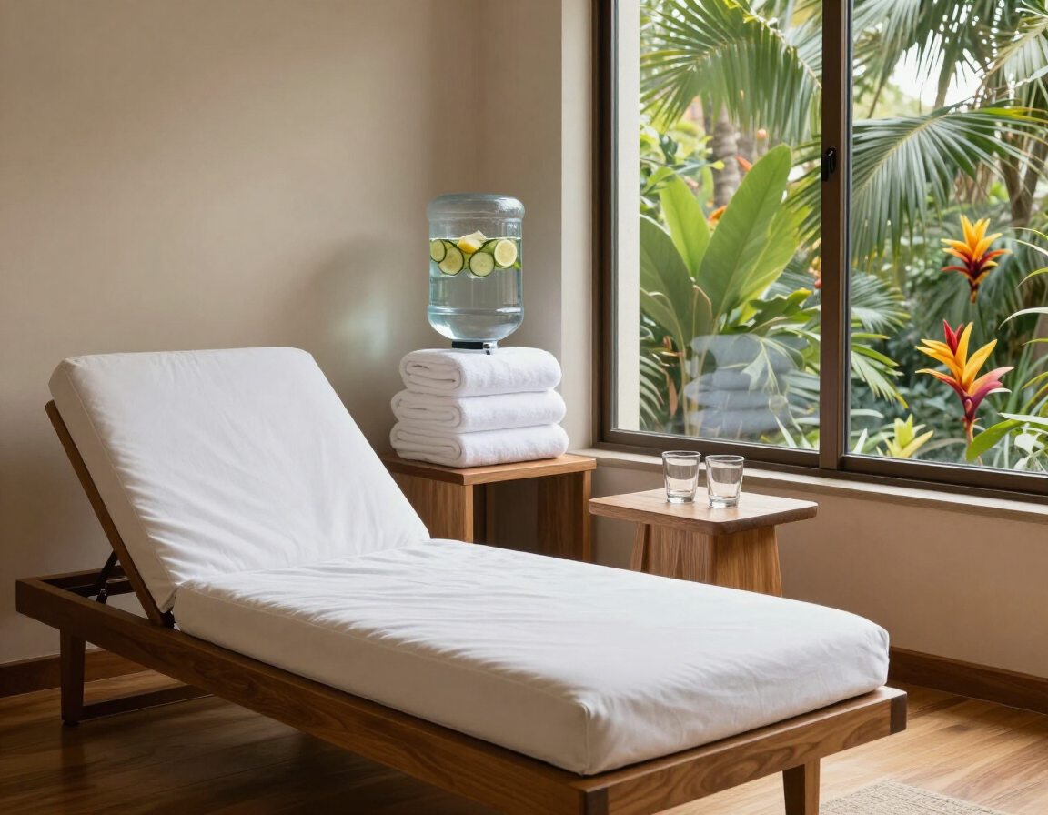 Massage table in a bright spa room beside a window and water dispenser, with towels and tropical plants.