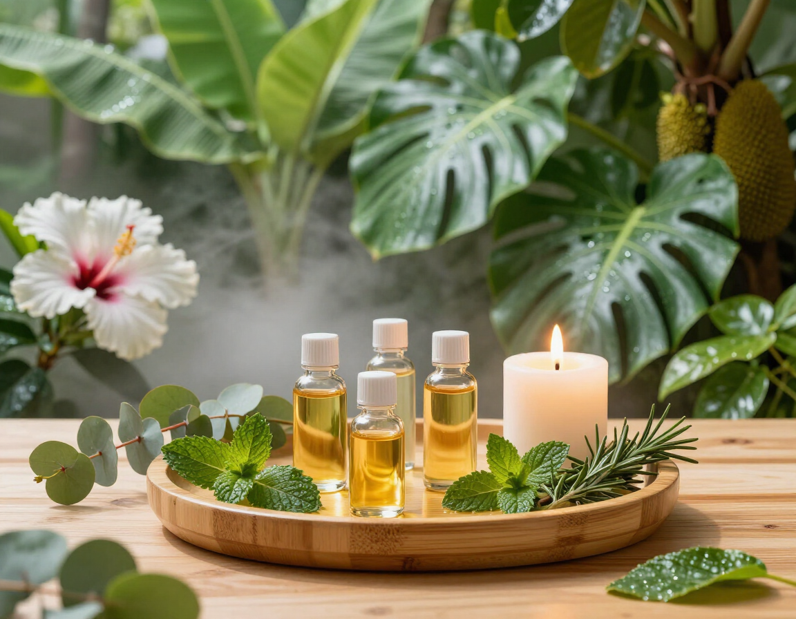 Spa tray with essential oil bottles, a lit candle, and green leaves on a wooden table