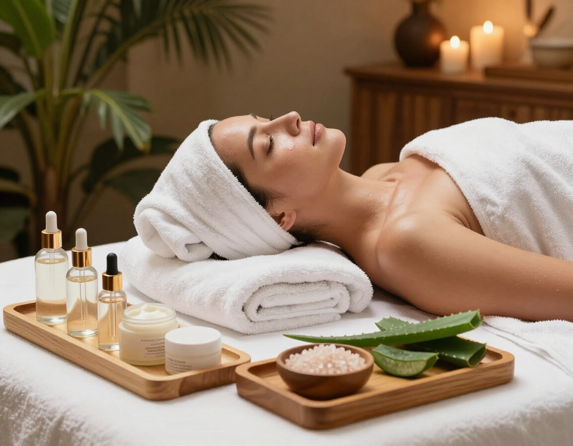 Spa treatment scene with a woman reclining on a towel, surrounded by candles and massage oils
