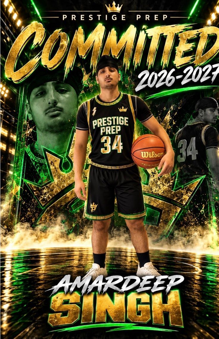 Prestige Prep basketball commitment poster for Amardeep Singh, 2026-2027, in black and gold