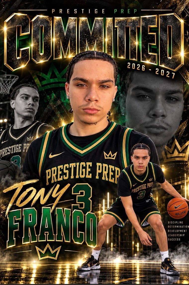 Basketball commitment poster for Tony Franco, with gold text and three player portraits on a black background