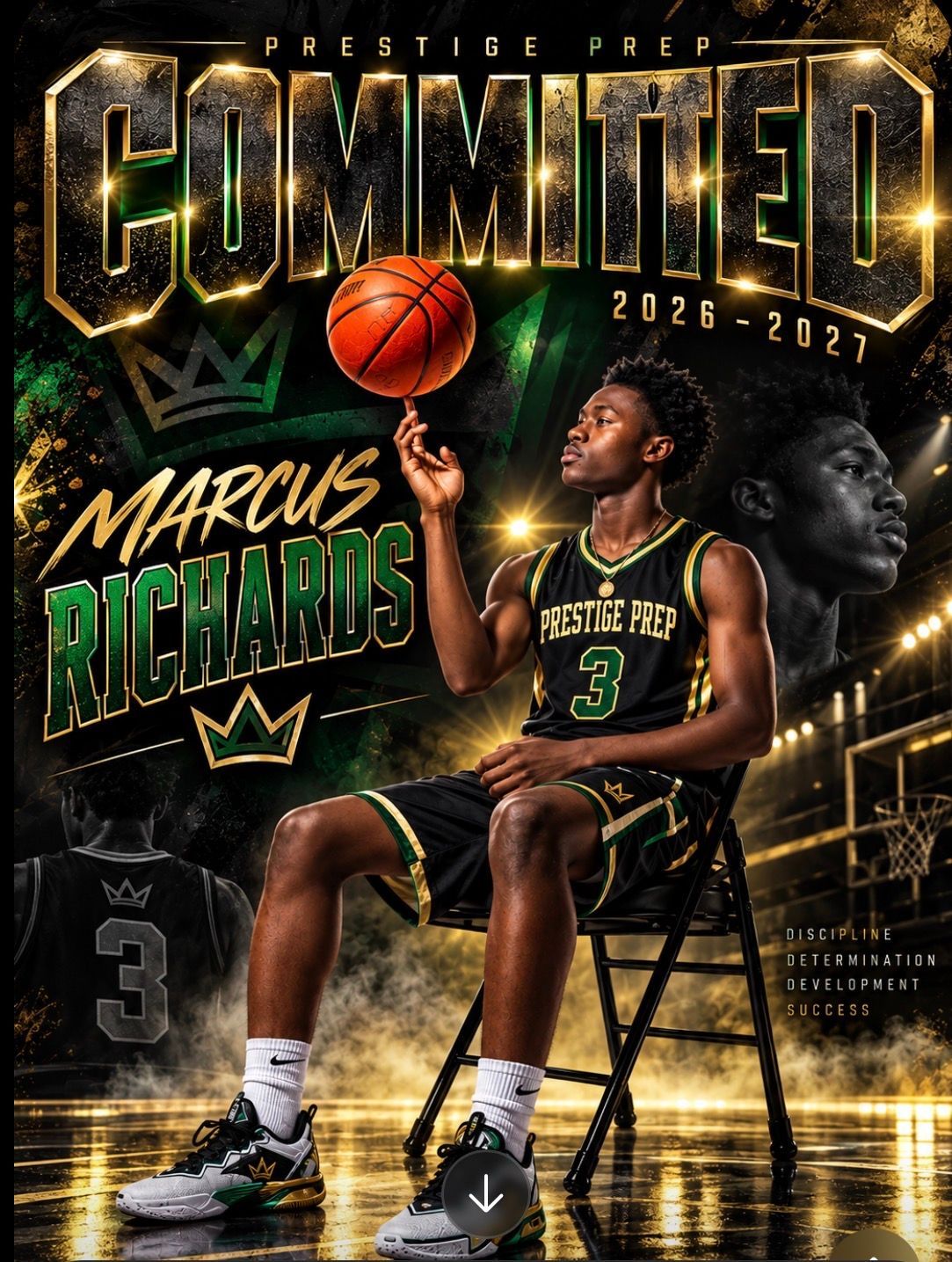Commitment poster for basketball player Marcus Richards in green uniform, seated in spotlight with ball above.