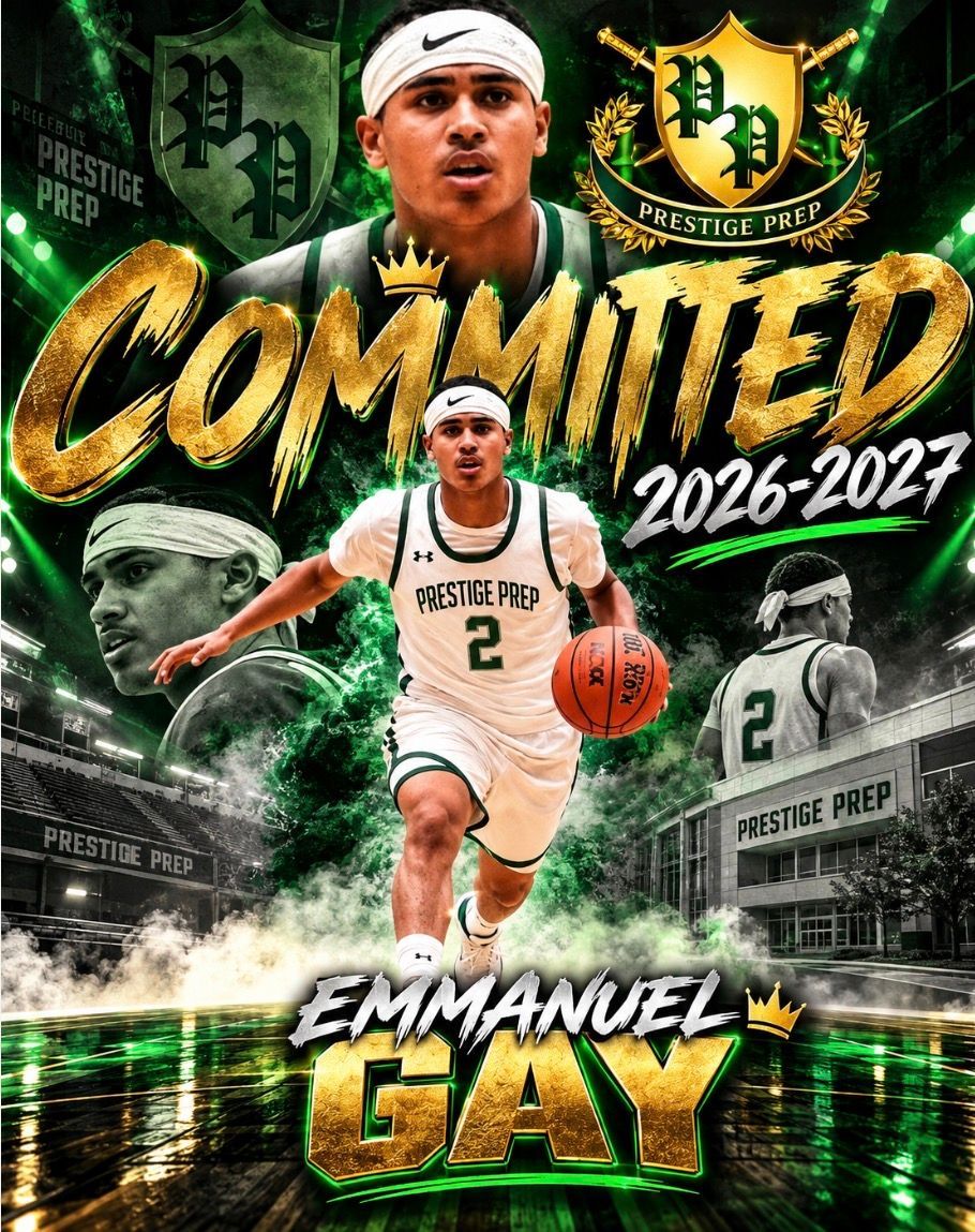 Emmanuel Gay basketball commitment graphic, 2026-2027, in green and gold with action pose and team logos