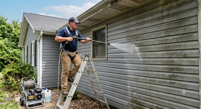 Man pressure-washing gray house siding from a ladder beside the window