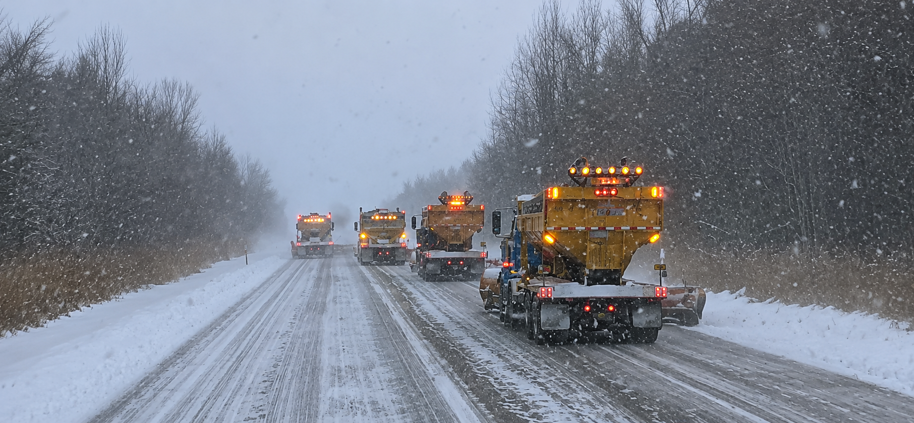 Des chasse-neige dégagent une autoroute enneigée sous d'importantes chutes de neige, les véhicules circulant avec prudence.