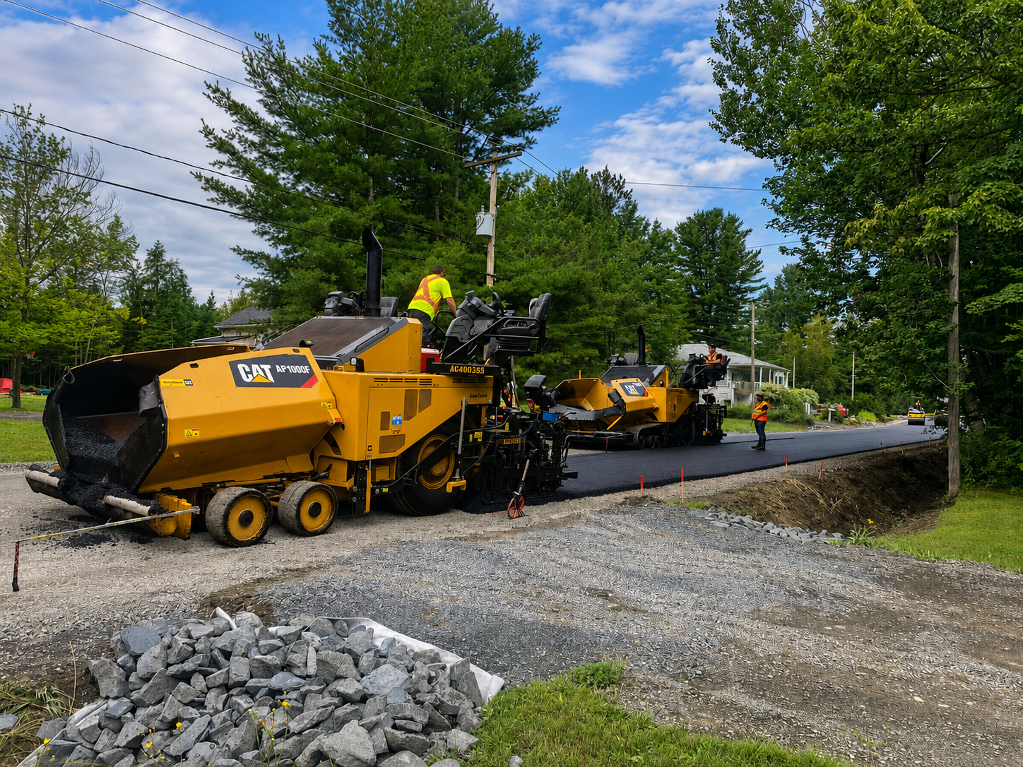 Machine à paver jaune avec des ouvriers sur une route de gravier sous un ciel bleu