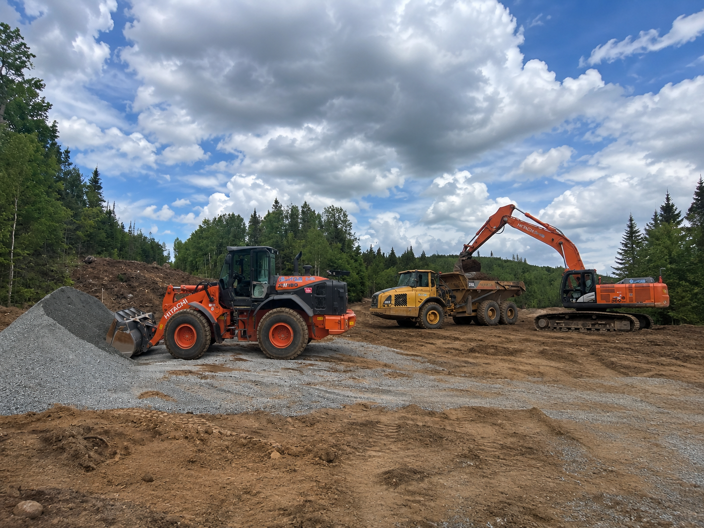 Chargeuse et excavatrice orange sur un chantier de construction de gravier sous un ciel nuageux