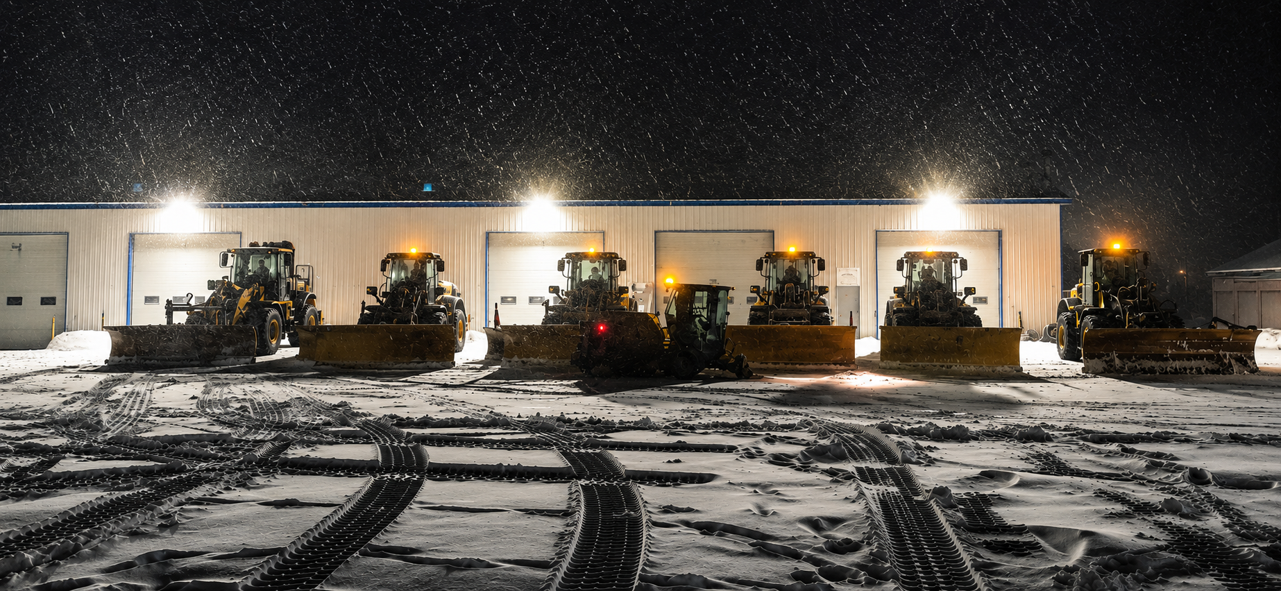 Parking enneigé devant un bâtiment éclairé, la nuit, le sol étant recouvert d'une couche de neige fraîche.