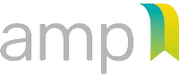 Logo AMP en gris, turquoise et jaune avec un symbole de feuille stylisée verte et jaune