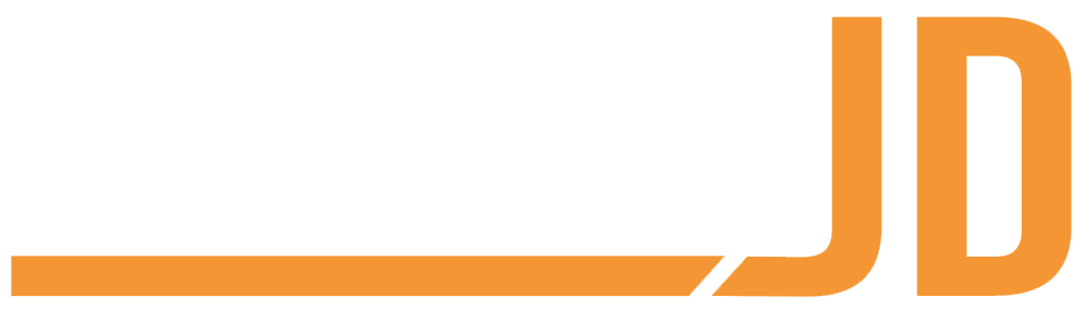 Logo orange « JD » avec une ligne horizontale et un accent diagonal sur fond blanc