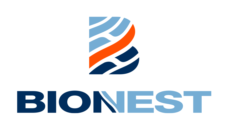 Logo BIONEST avec un « B » stylisé bleu, orange et blanc au-dessus du mot BIONEST