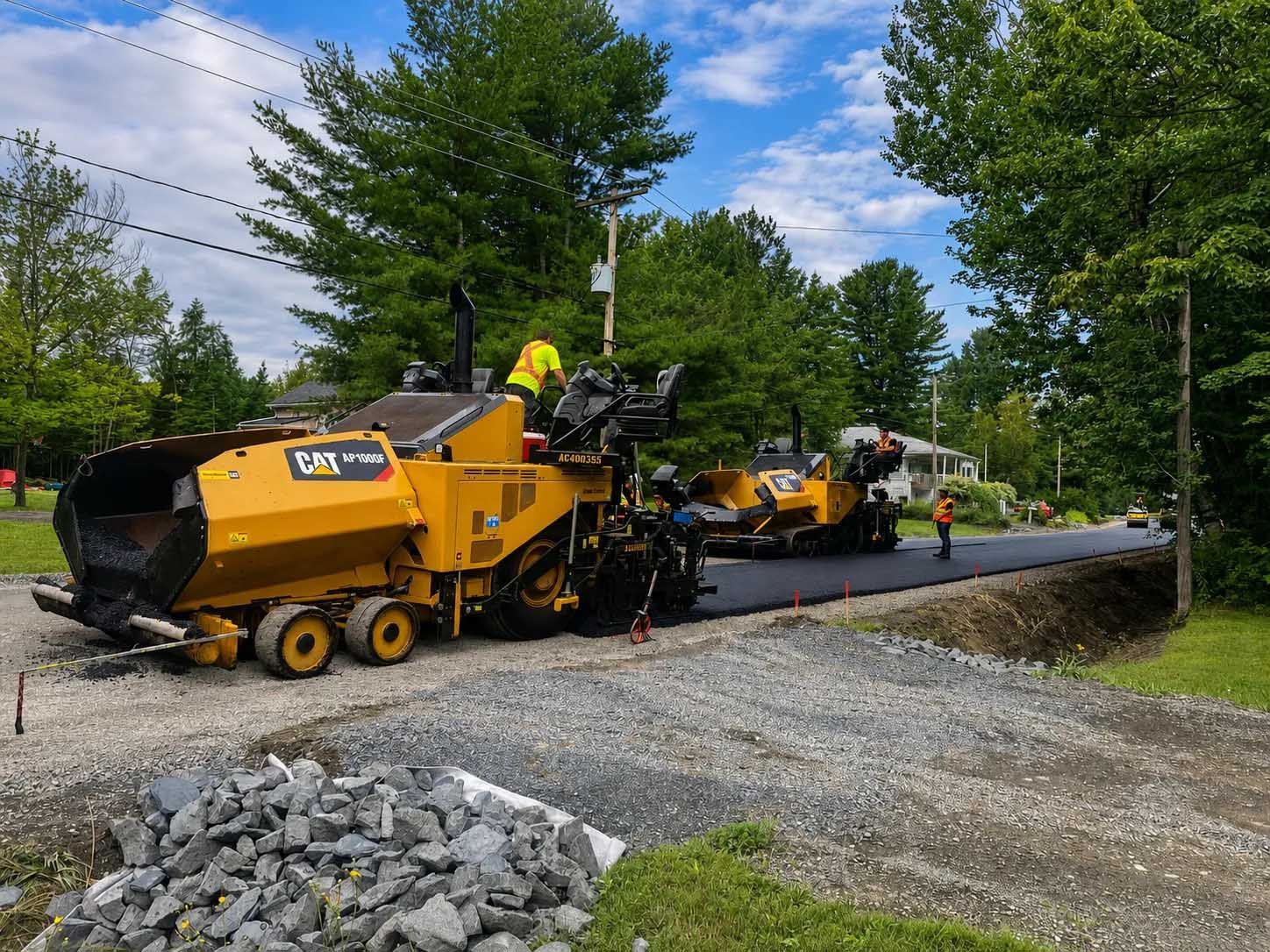 Une machine jaune de pavage sur du gravier, avec des ouvriers, pavant une route bordée d'arbres et de ciel bleu.