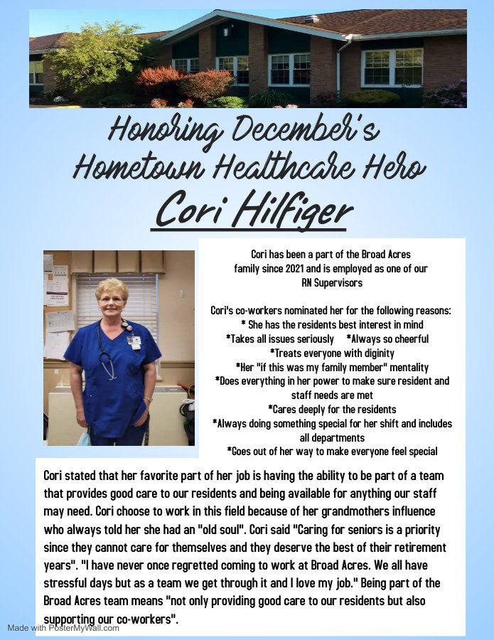 Poster honoring healthcare hero Cori Hilfiger. Photo of Cori, text praising her work, and background of a building.