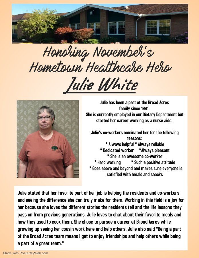 Flyer honoring Julie White as a healthcare hero. Photo of Julie, and text about her work.