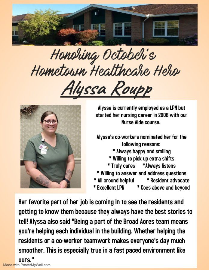 Poster honoring Alyssa Roupp, October's Healthcare Hero. Photo of woman, plus description of her work and favorite part.