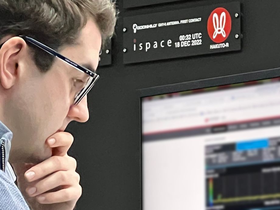 Photo showing a Goonhilly mission operations team member checking signal from iSpace's Hakuto-R Spacecraft.