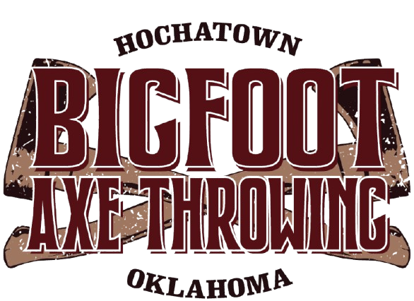 Hochatown Bigfoot Axe Throwing logo with brown, red, and white text on a wood-textured background