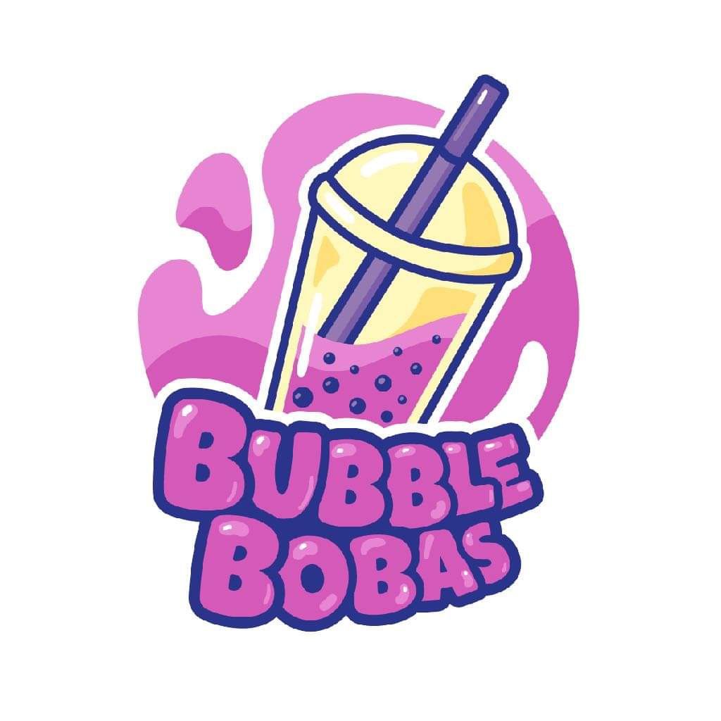 Pink logo of a bubble tea cup with straw and the words “Bubble Bobas”