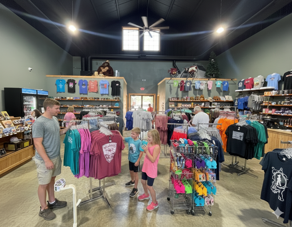 Family browsing colorful clothing racks in a bright retail store.