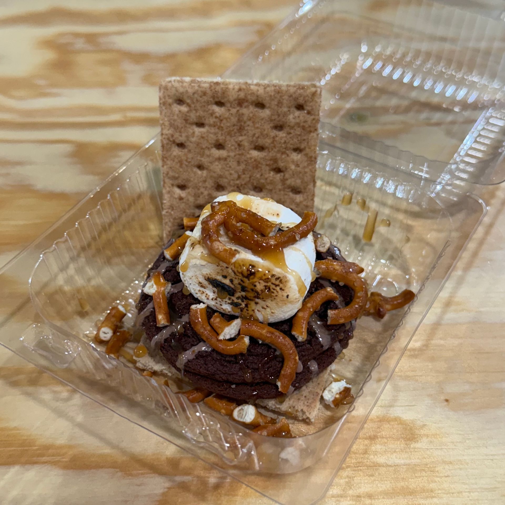 Dessert in a clear plastic tray with marshmallow, chocolate drizzle, pretzels, and a graham cracker square