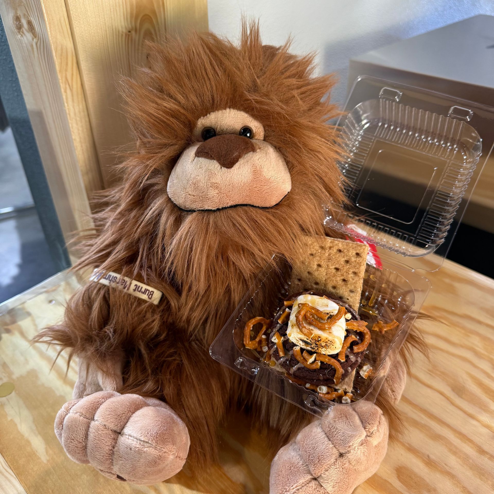 Stuffed lion with a bag of pretzels on a tabletop, holding a snack package.