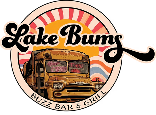Lake Burns 25 logo with orange sun, black text, and 