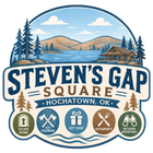 Steven’s Gap Square logo with mountains, cabins, trees, and adventure icons on a blue circular badge