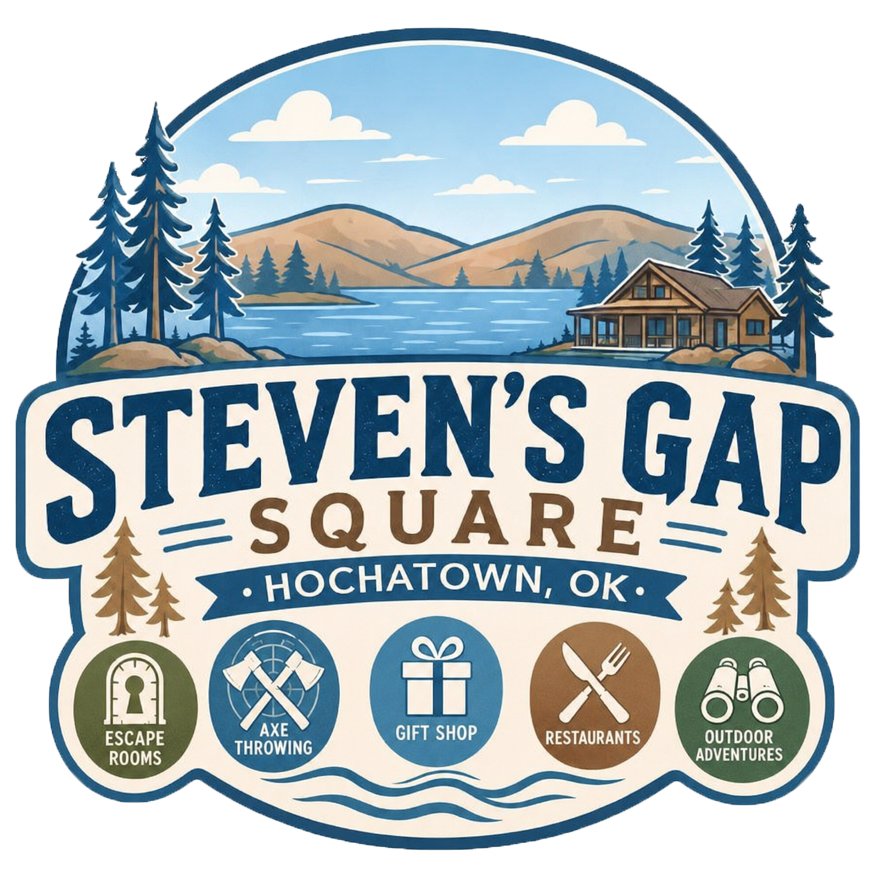 Steven’s Gap Square logo with mountains, cabins, trees, and adventure icons on a blue circular badge