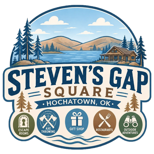 Steven’s Gap Square logo with mountains, cabins, trees, and adventure icons on a blue circular badge