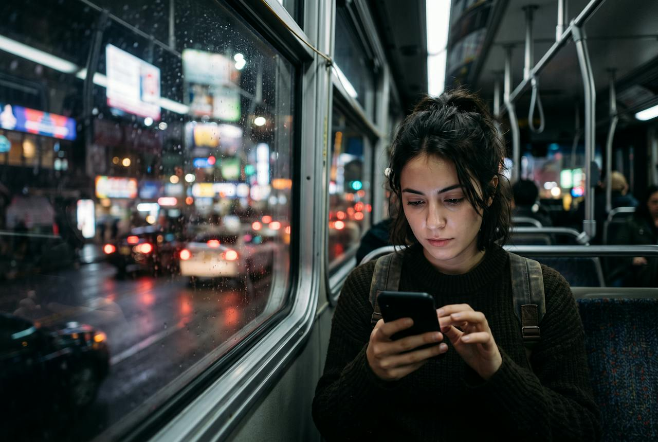 Persona en un autobús de noche deslizando la pantalla de su celular