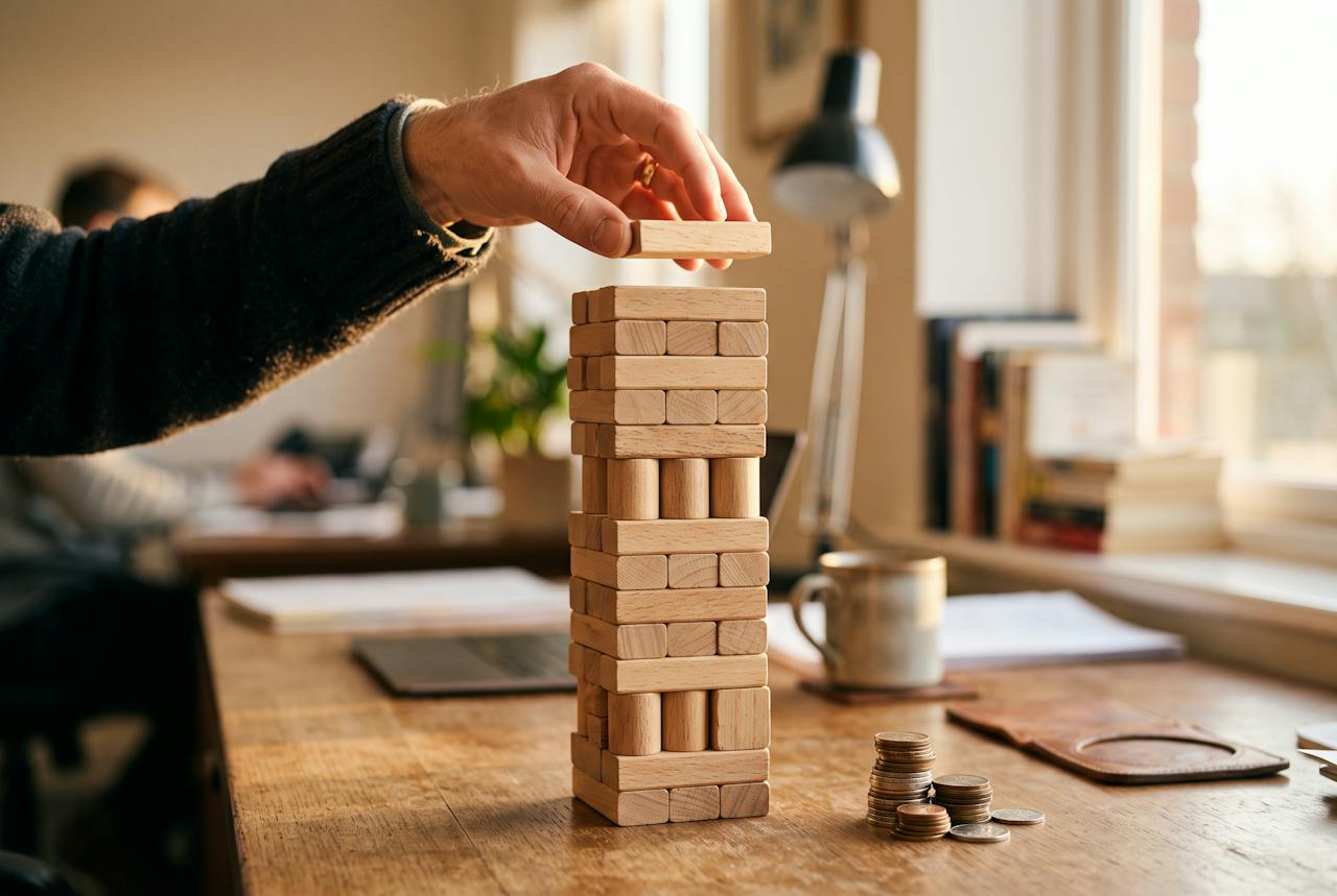 Mano colocando un bloque de madera sobre una torre junto a unas monedas