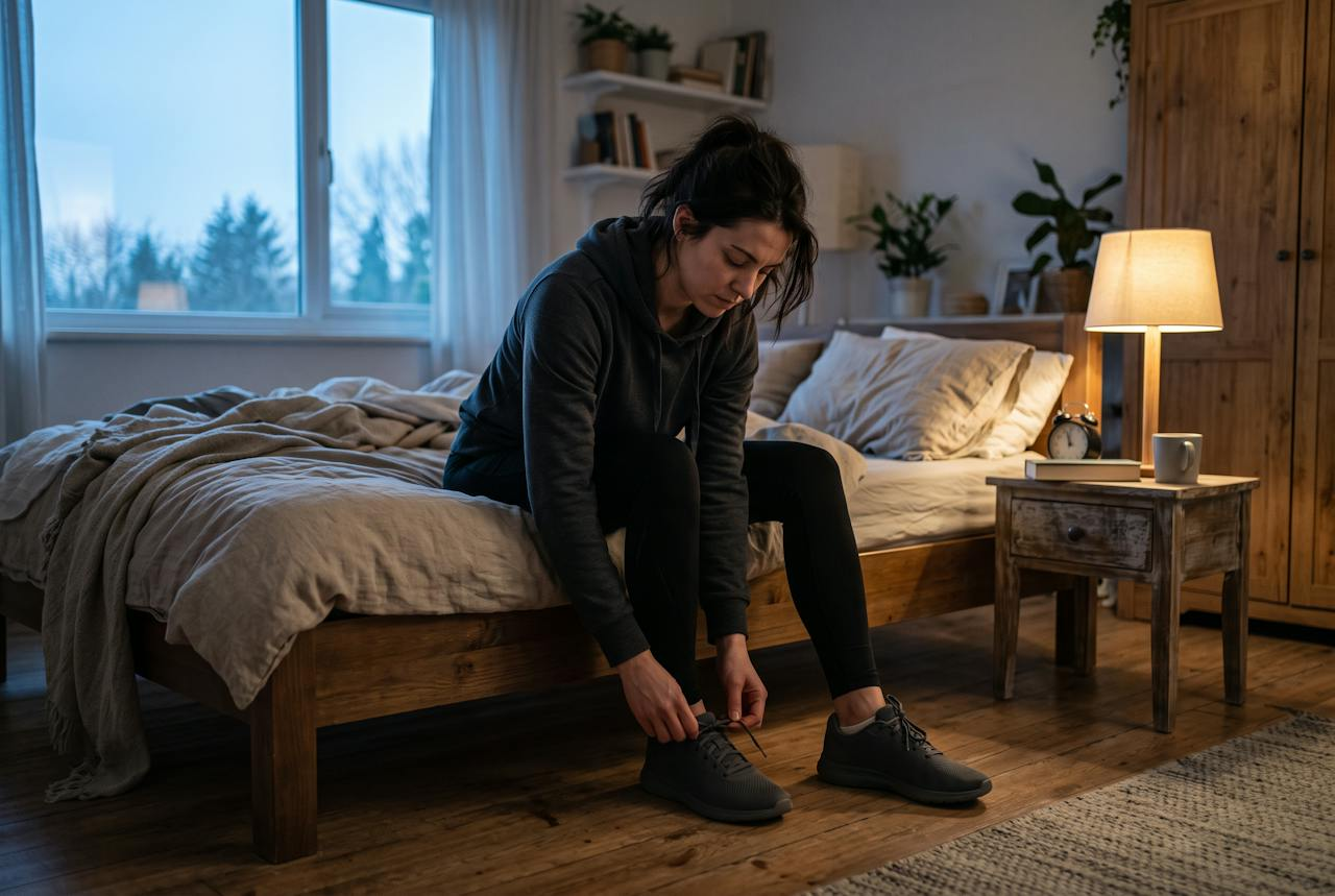 Persona amarrándose los tenis al amanecer al borde de la cama