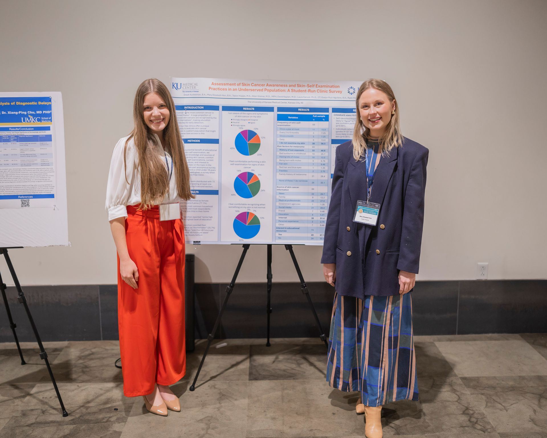 Two people standing at poster boards with charts at a conference, smiling in business attire.
