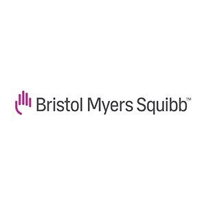 The bristol myers squibb logo is purple and white on a white background.
