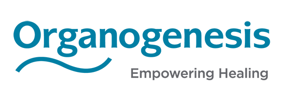 The logo for organogenesis empowering healing is blue and white.